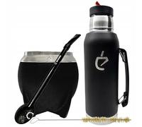 Un Mate - Set de Yerba Principiantes: Calabaza Inoxidable 280 ml, Bombilla Negra de Acero Inoxidable, Termo de 1000 ml, Cepillo de Limpieza, Caja Elegante, Sin BPA