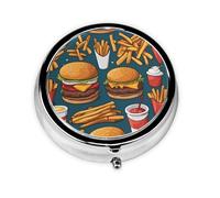 Un montón de comida sabrosa. Este pequeño pastillero redondo impreso es un organizador portátil de píldoras y vitaminas, perfecto para bolsillos, bolsos y viajes.