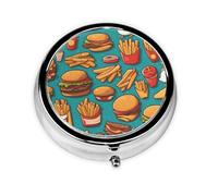 Un montón de hamburguesas fritas de dibujos animados. Este pequeño pastillero redondo de viaje de tres compartimentos es perfecto para almacenar medicamentos diarios, vitaminas y sobre la marcha.