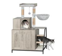 Un mueble multifuncional para gatos que un recinto para arenero, una plataforma espaciosa, postes rascadores, escalones y divertidos, todo con cojines lavables en un color .