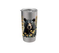 Un oso de color negro rodeado de flor de yuca Nuevo México 3 Vaso térmico de acero inoxidable de doble pared