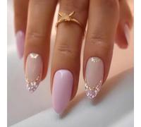 Un paquete de 24 uñas de almendras para pegado, cortos, rosas francesas, uñas artificiales, uñas de presión brillantes, reutilizables, falsas uñas ovales, uñas acrílicas