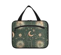 Un patrón celestial con lunas, estrellas y galaxias colgante, bolsa de maquillaje grande con gancho, bolsas lavables de diseñador para artículos de tocador esenciales para mujeres, estuche de viaje