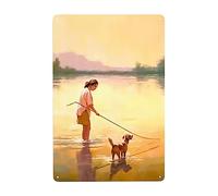 Un Perro Y Una Niña Pescan Con Una Red Metal Cartel Decoración Carteles De Pared De Metal Vintage Pintura De Hojalata Placa Para Pub Cocina Tienda