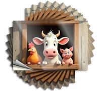Un pollo y cerdo de vaca mirando desde un granero ventana parachoques Tiki Bar accesorios autoadhesivos | Paquete de calcomanías de vinilo para pared esponjoso gratis (6 x 9 cm)