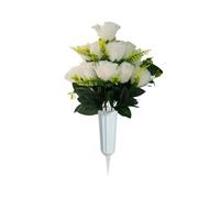 Un ramo de rosas de 12 cabezas con un cubo, juego de flores decorativas de cementerio en el extranjero, flores decorativas y flores artificiales, rellenos de otoño para centros de mesa (blanco, talla