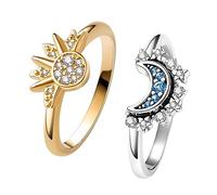 Un suave conjunto de anillos de sol celestial y luna, anillo de sol brillante/luna azul con chapado en oro de 14 quilates, anillo de promesa de amistad, anillos celestiales apilables, regalo para