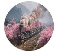 Un Tren de Vapor con Flores de Cerezo Rosadas a un costado 1000pcs (67.5x67.5cm) Rompecabezas para Adultos - Juguete De Bricolaje
