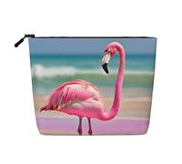 Una bolsa de cosméticos de cáñamo falso, organizador grande para artículos de aseo de viaje, resistente al agua, diseño de flamenco rosa en la playa