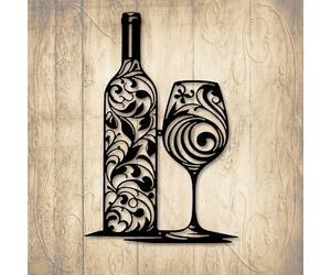 Una elegante obra de arte de pared de metal con una botella y un vaso con un diseño de negro - una adición para bares, cocinas o restaurantes - un gran regalo para - fácil de colgar