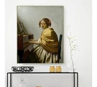 Una joven sentada ante los virginales de Johannes Vermeer, impresiones en lienzo, pintura al óleo, obra de arte, póster, imagen para decoración del hogar (70 x 100 cm)