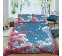 Una Luna Creciente suspendida Entre Las Nubes,Medio de ciruelos Flor Rojos Juegos Ropa Cama Impresión 3D,Microfibra Funda Edredón Y Fundas Almohada 3 Unidades para Niños Y Adultos Double（200x200cm）