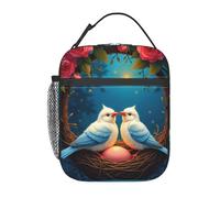 Una pareja de pájaros sentados sobre un nido rodeado de rosas rosadas. Bolsa de almuerzo para hombres y mujeres. Bonita bolsa de almuerzo de poliéster reutilizable. Fiambrera isotérmica de gran cap