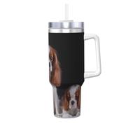 Una perra Cavalier King Charles Spaniel con sus cachorros,Vaso Ice Bully de 40 oz con asa, tapa, pajita, de acero inoxidable, taza de café para coche.