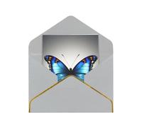 Una tarjeta de felicitación con estampado de mariposa azul, doblada a la mitad de las tarjetas para cumpleaños, bodas, fiestas.