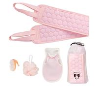 Unaone Depurador exfoliante de espalda para ducha, juego de 4 unidades con cepillo de champú, esponja de lufa, guante exfoliante, limpieza profunda, revitaliza la piel, relaja el cuerpo, color rosa