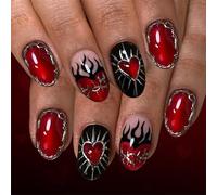 Uñas a presión con corazón rojo, 24 unidades, diseño de llama de ojo de gato, láminas doradas, varios tamaños, cobertura completa, puntas artificiales, ABS, corazón rojo, San Valentín, mujeres