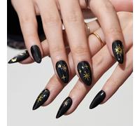 Uñas a presión de almendra mediana, hechas a mano, estrella gótica en color negro, pegamento en uñas de gel, brillante, corto, acabado UV, uñas postizas acrílicas, kits de manicura para mujeres