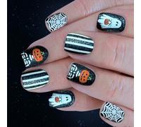 Uñas a presión para Halloween, diseño de esqueleto de calabaza, telaraña blanca, diseño brillante, ABS, 24 piezas, uñas postizas que brillan en la oscuridad