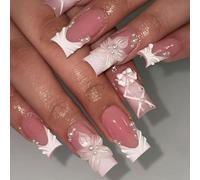 Uñas adhesivas a presión blancas con diseño de perlas talladas en relieve y cinta, ideal para fiestas, bodas y uso diario, manicura francesa, uñas fraudulentas