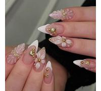 Uñas adhesivas a presión de estilo francés sofisticado con cristales brillantes, ABS fuerte para bodas e incidentes sociales, piedra francesa a presión
