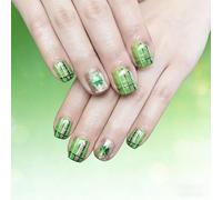 Uñas adhesivas elegantes a presión, base verde, con lentejuelas y detalles de trébol, uñas artificiales, cuadradas, verdes, brillantes, patrones de plantas