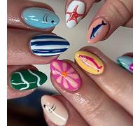 Uñas artificiales, adorable prensa de color para tartas con patrones de criaturas marinas para uso diario, falsas