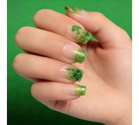 Uñas artificiales con temática de Patricio, trébol verde con purpurina, punta francesa, longitud corta, brillante, paquete de 24 unidades