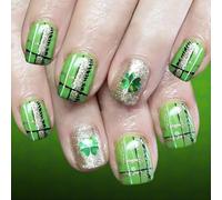 Uñas artificiales cortas cuadradas con cuadros metálicos brillantes y patrones de trébol, perfectas para el trabajo o fiestas, uñas cortas cuadradas verdes, a presión con diseño de trébol a cuadros
