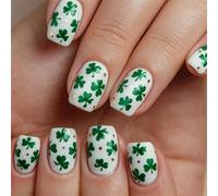 Uñas artificiales cortas cuadradas con patrones metálicos brillantes de estrellas y tréboles, perfectas para el trabajo o fiestas, uñas cuadradas cortas
