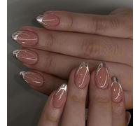 Uñas artificiales cortas de almendra a presión, uñas postizas simples de cobertura completa, uñas postizas plateadas con punta francesa para mujer
