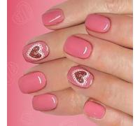 Uñas artificiales cuadradas cortas con diseño de encaje y corazón con purpurina para niñas y mujeres, decoración del día de San Valentín, 24 piezas de uñas artificiales con purpurina