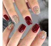 Uñas artificiales cuadradas cortas con purpurina roja brillante, punta francesa, fáciles de ajustar, para decoración de eventos de Navidad, otoño, invierno, uñas postizas cuadradas cortas