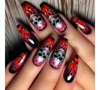 Uñas artificiales de esqueleto floral aterrador, ABS de larga duración, fácil aplicación, Halloween, Halloween, esqueleto rojo