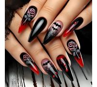 Uñas artificiales de Halloween con rosas rojas murciélago diseño de gotas de sangre ligeras ABS uñas artificiales para disfraces de fiesta fácil aplicación gotas de sangre murciélago rosas uñas