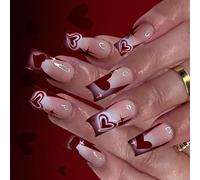 Uñas artificiales de longitud media fáciles de aplicar, diseño de corazón de San Valentín, uñas postizas para uso diario, eventos, ocasiones especiales, día de San Valentín, uñas artificiales