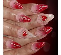 Uñas artificiales de manicura, 24 unidades, color rojo degradado, longitud media, construcción de ABS, para pieles sensibles, lazos de corazón, purpurina