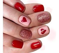Uñas artificiales de moda en rubor con brillo y acentos de fuego. Forma cuadrada elegante para mujeres y niñas. Diseño de corazón corto y cuadrado