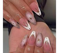 Uñas artificiales elegantes con punta francesa, adornos de estrella de metal plateado, para uso diario nupcial, uso diario, bordes de metal dorado para mujeres, tipo prensa, ABS, bodas, fiestas, punta