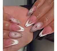 Uñas artificiales elegantes con punta francesa, adornos de estrella de metal plateado, para uso diario nupcial, uñas postizas francesas de metal