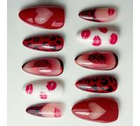 Uñas artificiales fáciles de aplicar, paquete de 30 unidades con diseño de labios rojos, corazón y rosa, para mujer, uñas con estampado de labios rojos