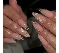 Uñas Artificiales Lágrimas Flores Brillante En Uñas 24 Uds Diseño Humor Con Longitud Media Café Francés Brillante Prensa En Uñas