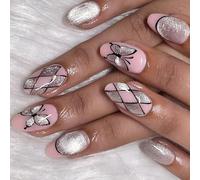 Uñas Artificiales Para Imprimir Con Encaje Francés Y Ojos De Gato Con Motivos De Mariposa. Uñas Cortas En Forma De Almendra Para Pegar Para Mujeres Y Niñas