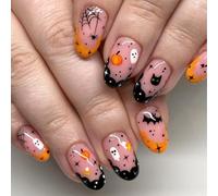 Uñas cortas a presión de almendra de Halloween, uñas postizas reutilizables de circo, diseño de rayas de sangre y cara de fantasma, uñas adhesivas con pegamento para mujer (calabaza linda naranja)