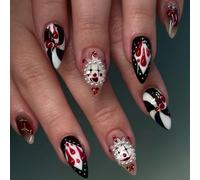 Uñas cortas a presión de almendra de Halloween, uñas postizas reutilizables de circo, diseño de rayas de sangre y cara de fantasma, uñas adhesivas con pegamento para mujer (rayas rojas de gota de