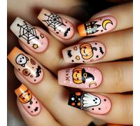 Uñas cuadradas a presión de calabaza vibrante para disfraces de Halloween, diversión de truco o trato, fiestas temáticas, ABS espeluznantes, esqueleto, diseños fantasmales de uñas de Halloween