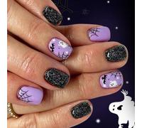 Uñas de Halloween 24 piezas de telaraña arte de uñas con alas de murciélago uñas artificiales para disfraz evento Halloween esqueleto uñas conjunto