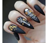 Uñas de manicura fraudulentas con diseño de esqueleto dorado y negro opaco, ABS persistente, forma de tuerca intermedia
