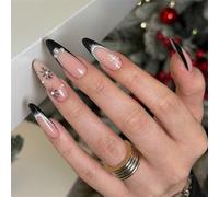 Uñas de prensa de Navidad, diseño clásico de bordes negros, duradero, juego de manicura ABS adecuado para arte fesitival, elegante punta francesa