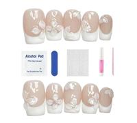 Uñas de quita y pon autoadhesivas,Extensión en Forma de Almendra con Diseño Floral y Detalles Perlados,Uñas de Presión Reutilizables - para el Salón, Bodas, Hogar, Vacaciones, Niñas y Mujeres